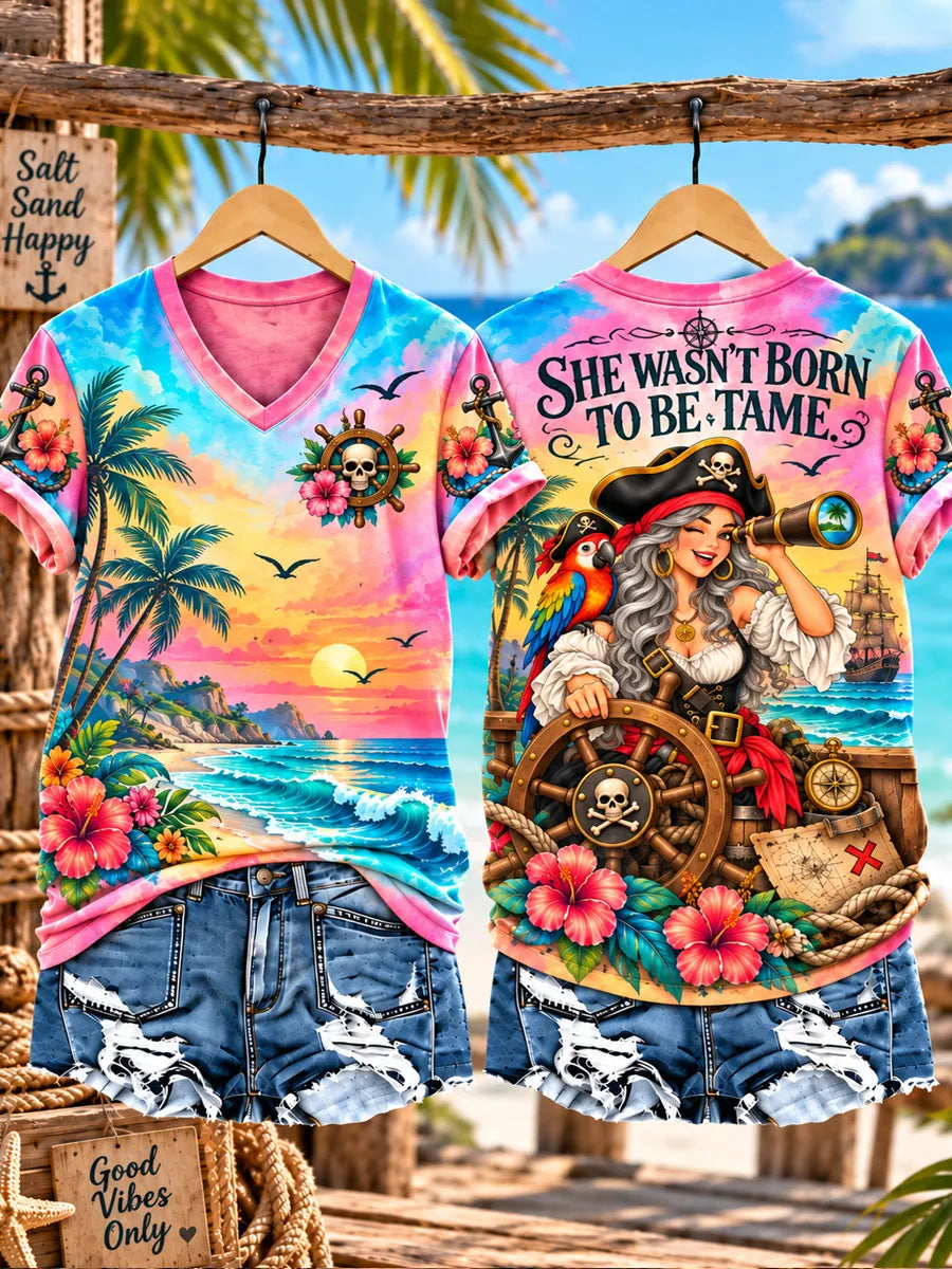 Women's Retro Pirate Queen Art Print T-Shirt