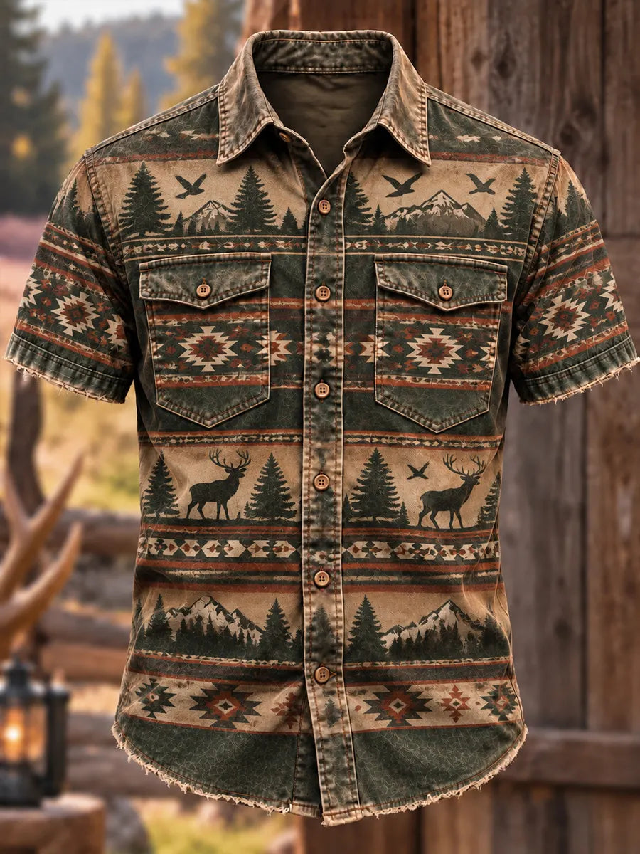 Men's Retro Hunting Culture Print Short Sleeve Button-Up Shirt