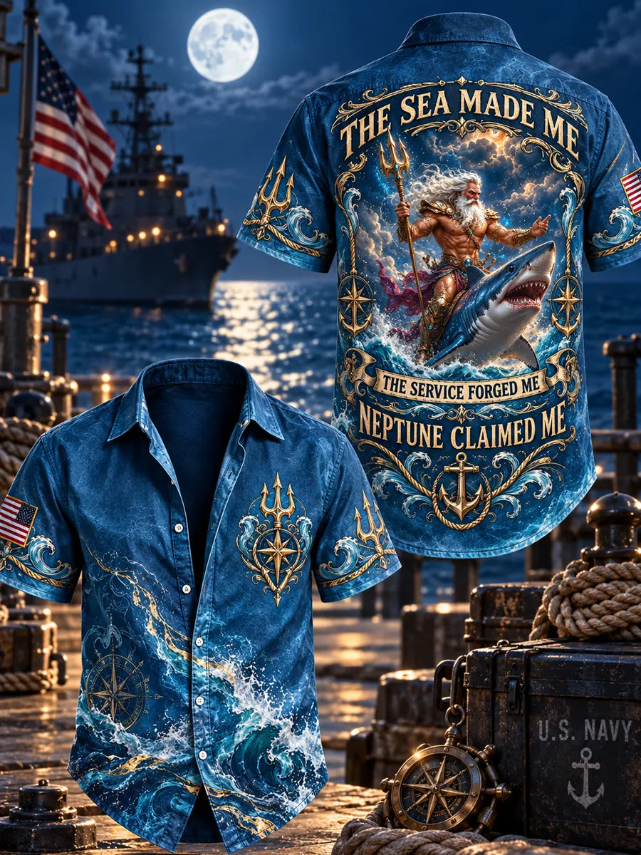 Men’s Veteran “THE SEA MADE ME THE SERVICE FORGED ME NEPTUNE CLAIMED ME ” Printed Short Sleeve Shirt
