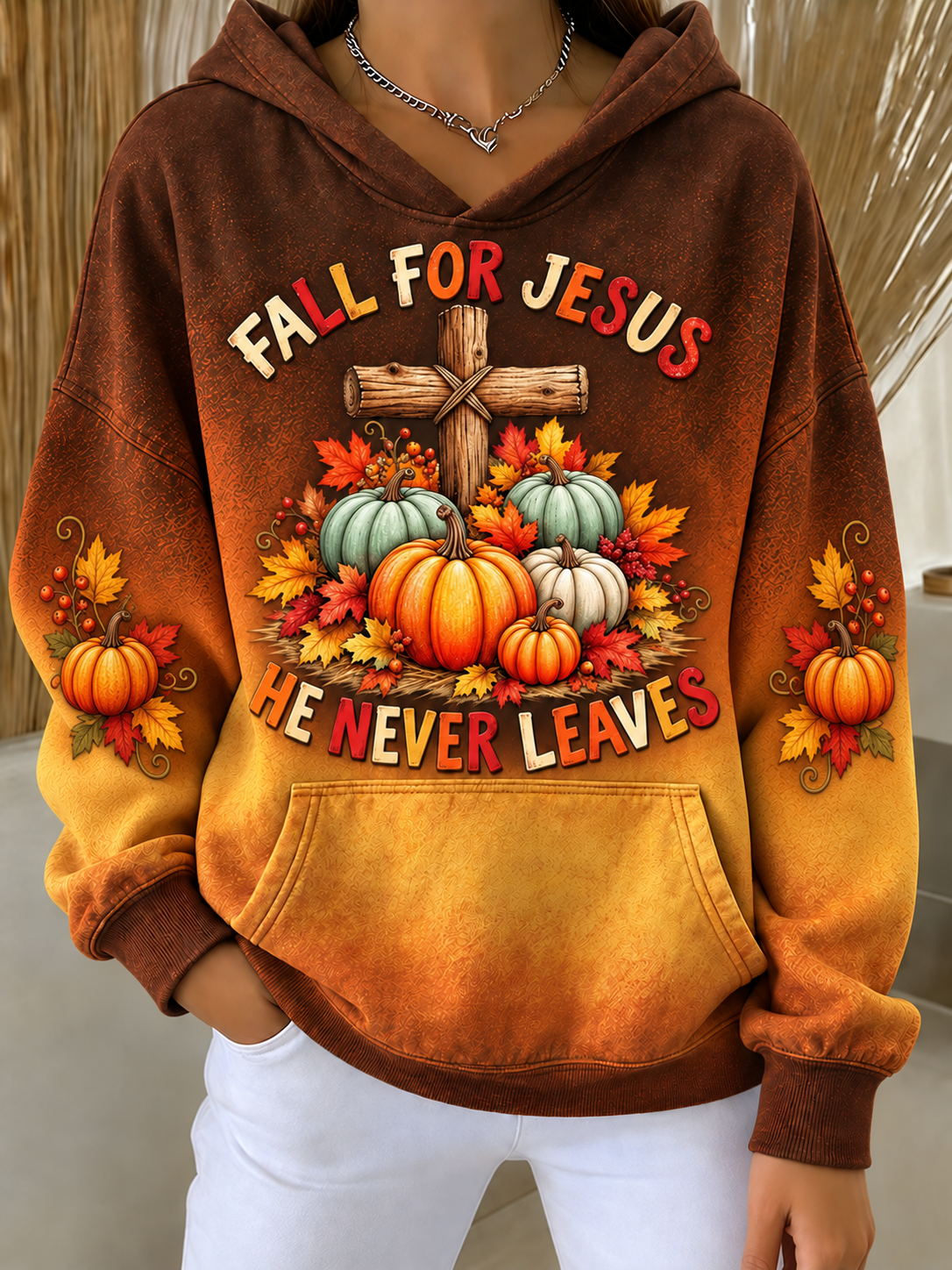 Women'S FALL FOR JESUS HE NEVER LEAVES Pumpkin Printed Casual Hoodie