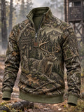 Men's Retro Deer Hunting Print Casual Zip-Up Sweatshirt