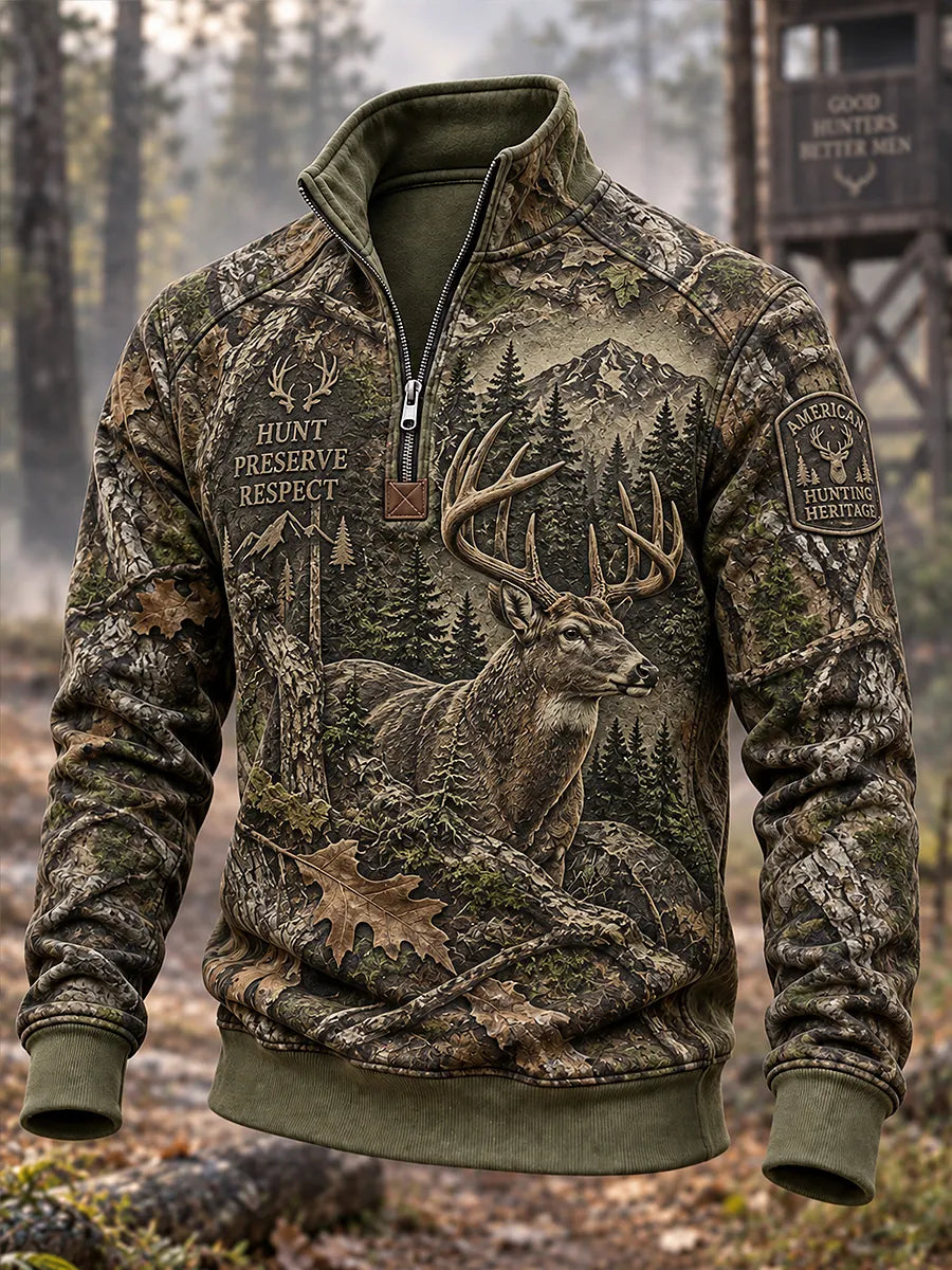 Men's Retro Deer Hunting Print Casual Zip-Up Sweatshirt