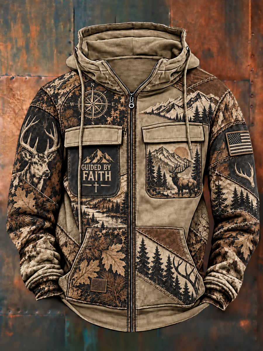 Men's Retro Hunting Culture Print Casual Zip Hoodie