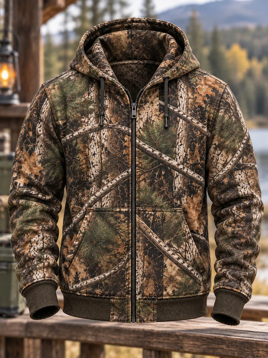 Men's Retro Hunting Culture Print Casual Full-Zip Hoodie