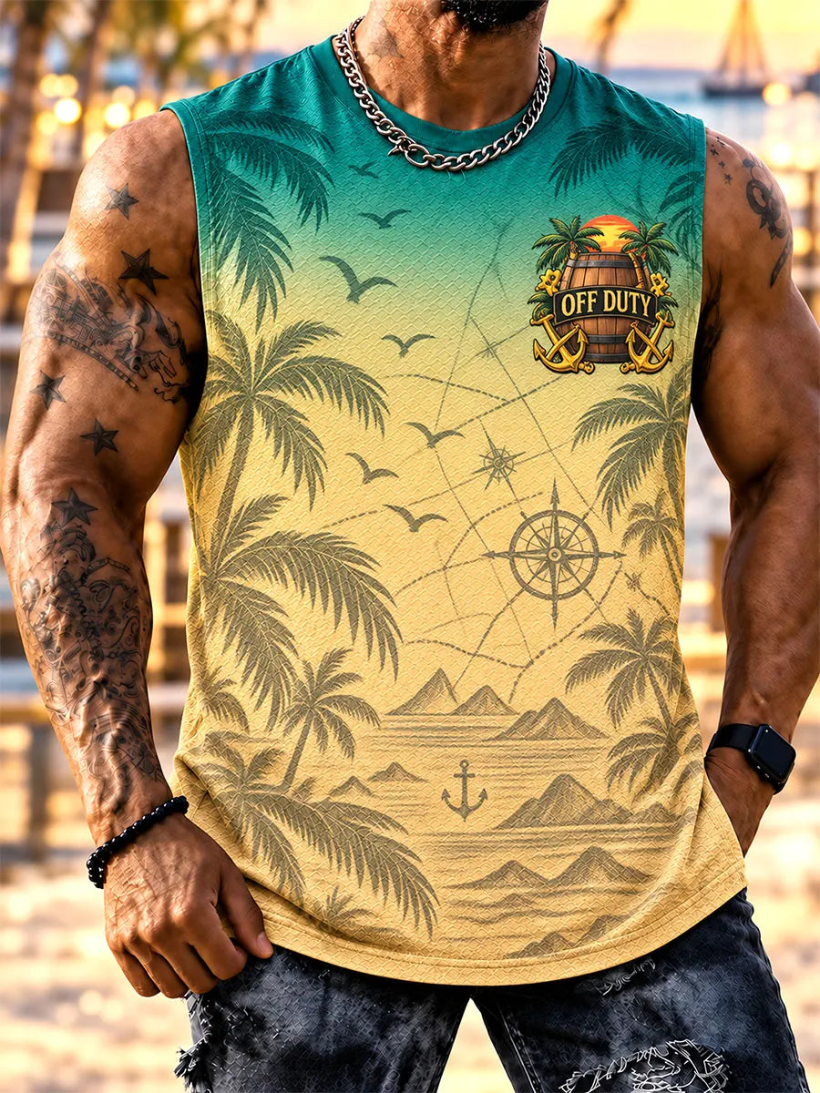Men’s “Off Duty” Pirate, Parrot & Tropical Island Print Sleeveless Tank Top