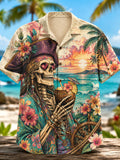 Men's Vacation-Style Skull Pirate Drinking Coconut Art Print Casual Shirt