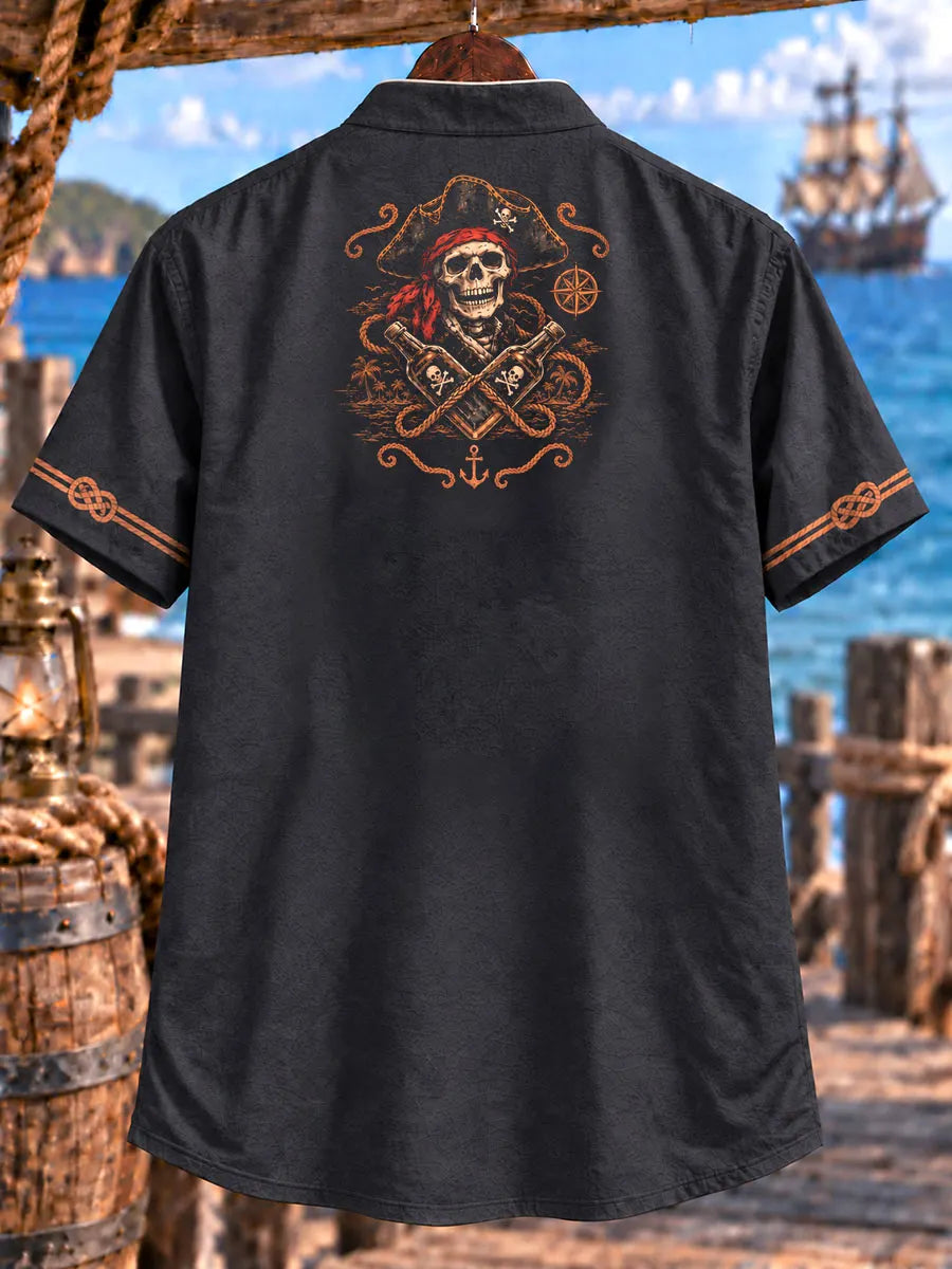Men’s Skeleton Pirate Rum Theme Lace-Up Short Sleeve Shirt