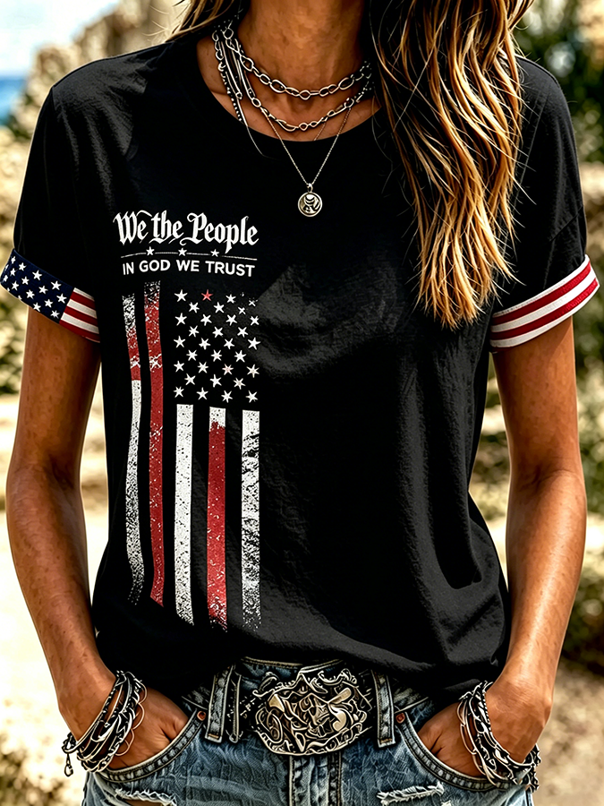 Women's Floral American Flag Printed Casual T-shirt