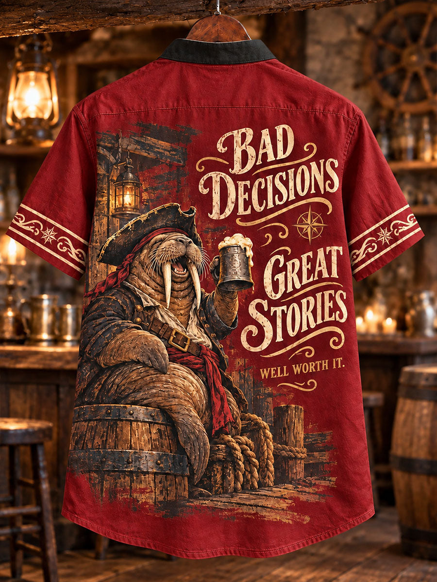 Bad Decisions, Great Stories Pirate Walrus Men’s Lace-Up Shirt