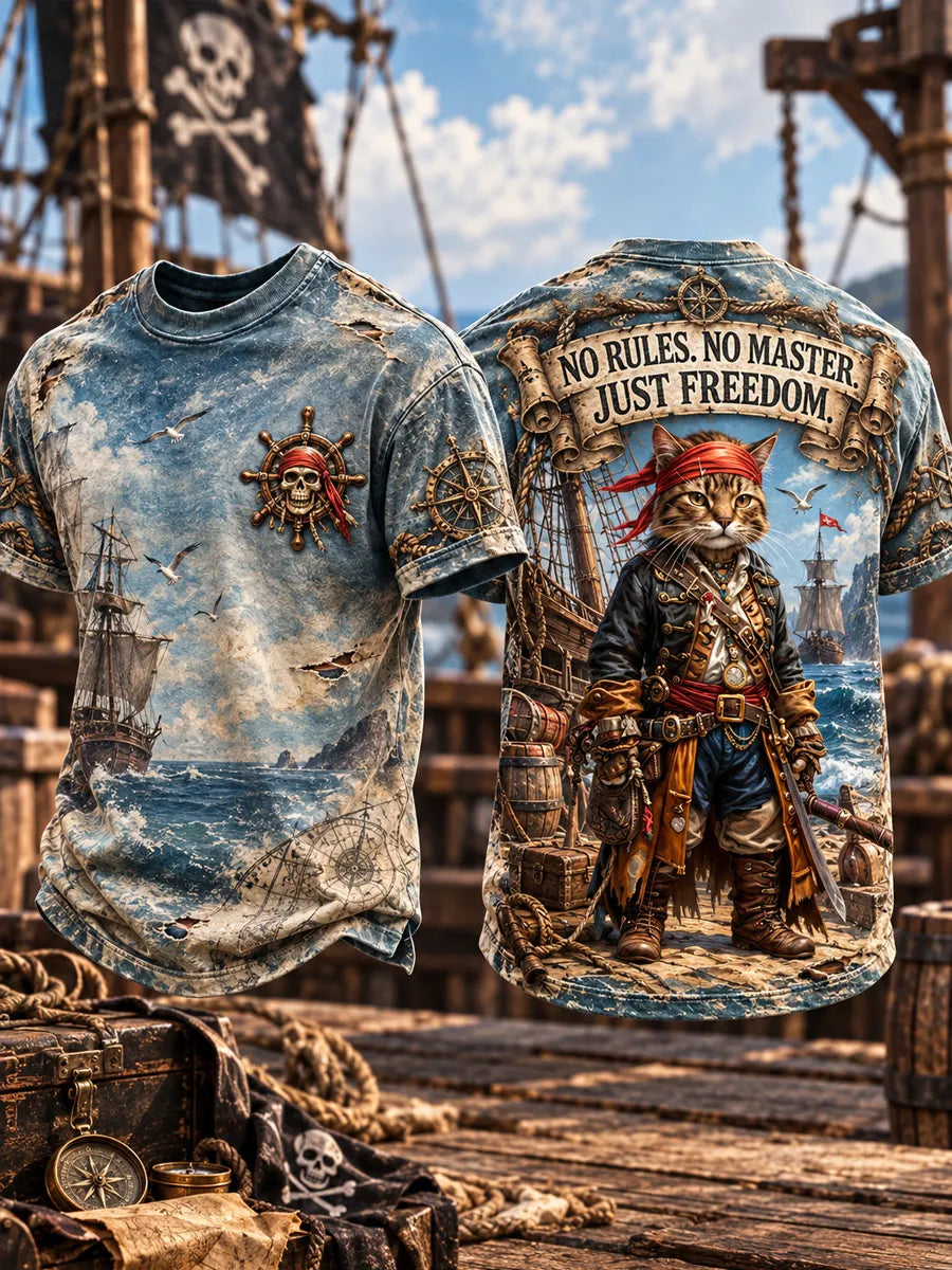 Men’s Retro Cat Pirate Art Printed T-Shirt