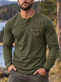 Men’s Retro Hunting Culture Print Casual Long Sleeve Henley Shirt
