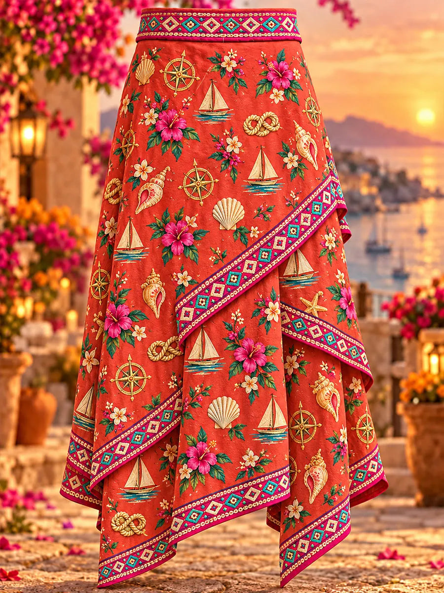 Coral Red Nautical Sailboat Floral Print Asymmetrical Skirt