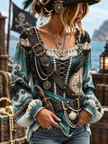 Women's Vintage-Style Pirate Art Print Casual Top