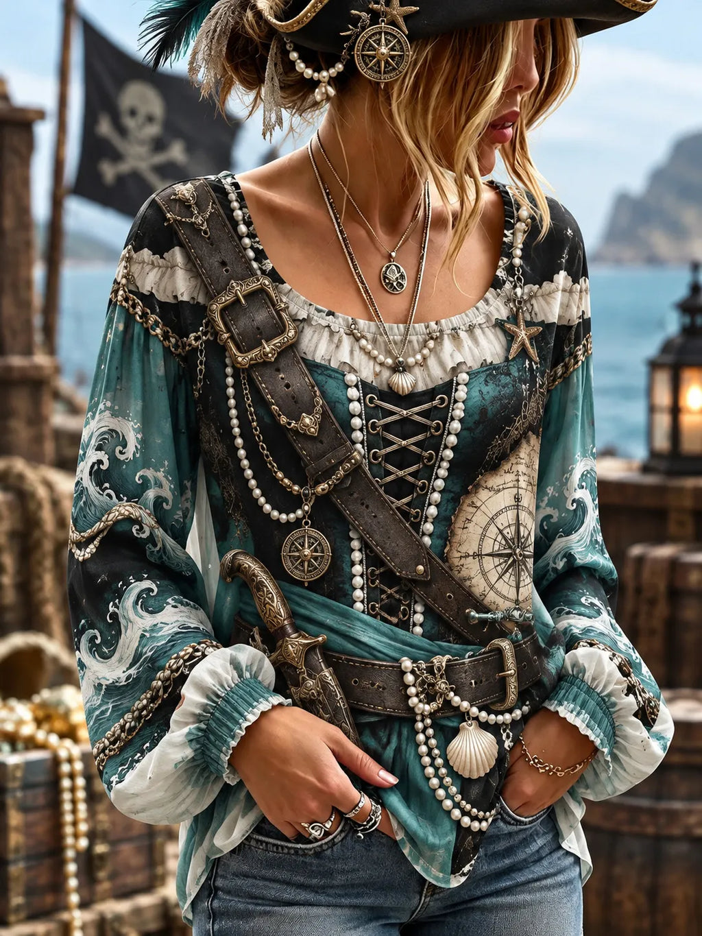 Women's Vintage-Style Pirate Art Print Casual Top