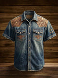 Men's Jesus Faith Western Style Washed Denim Printed Casual Short Sleeved Shirt