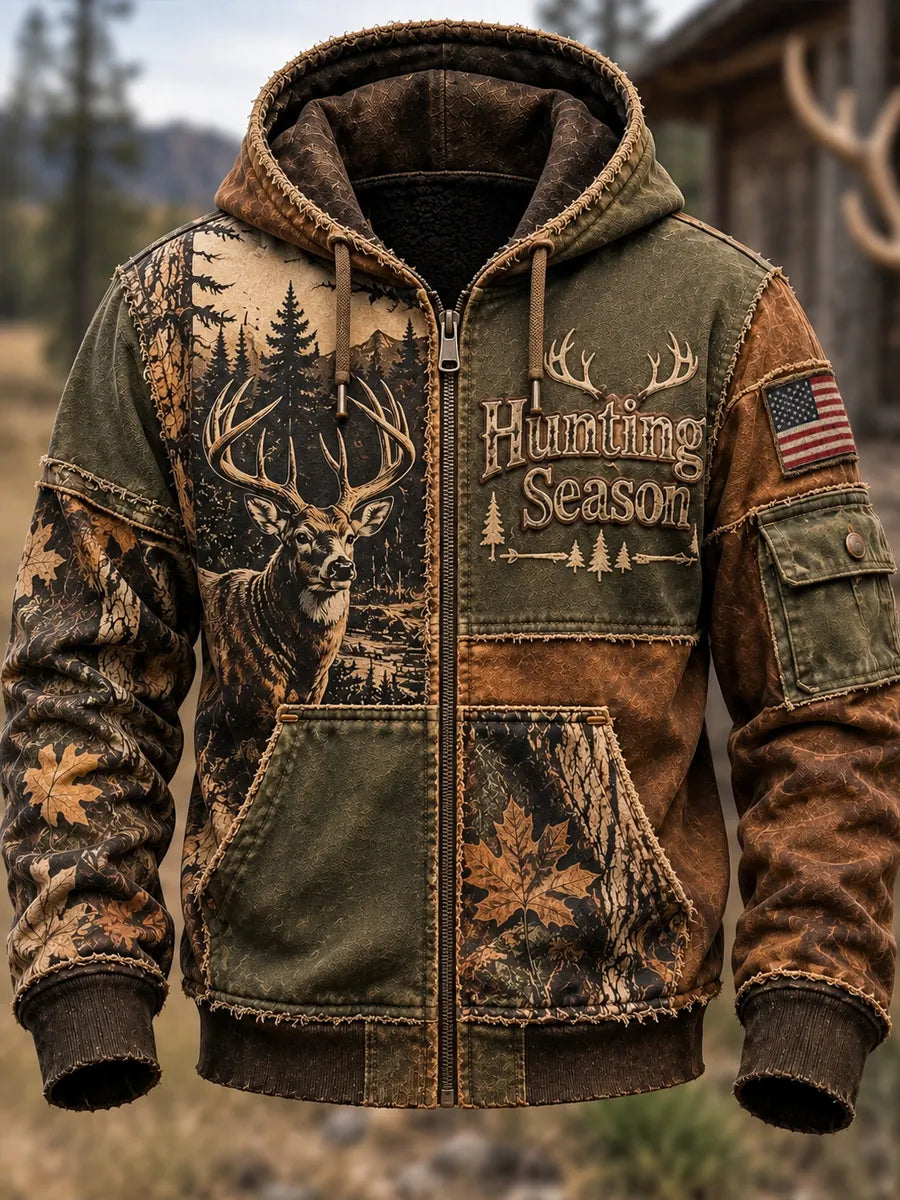 Men's Retro Hunting Culture Print Casual Zip Hoodie
