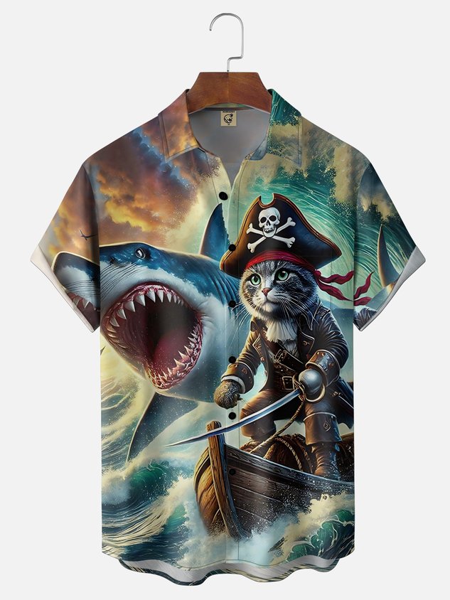 Moisture Wicking Shark Pirate Cat Chest Pocket Holiday Hawaiian Shirt