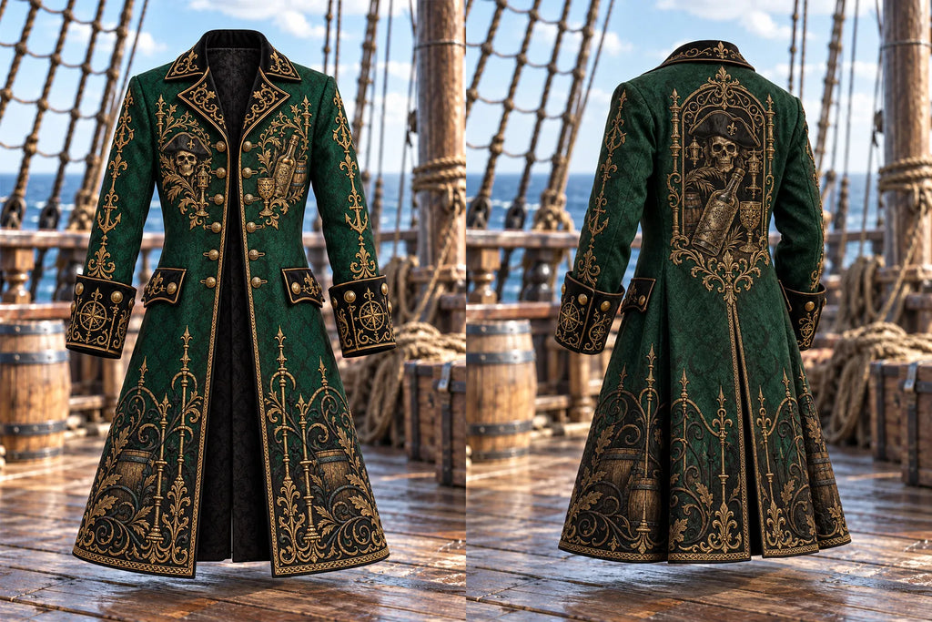 🏴‍☠️ Men's Pirate Captain & Rum Bottle Trench Coat