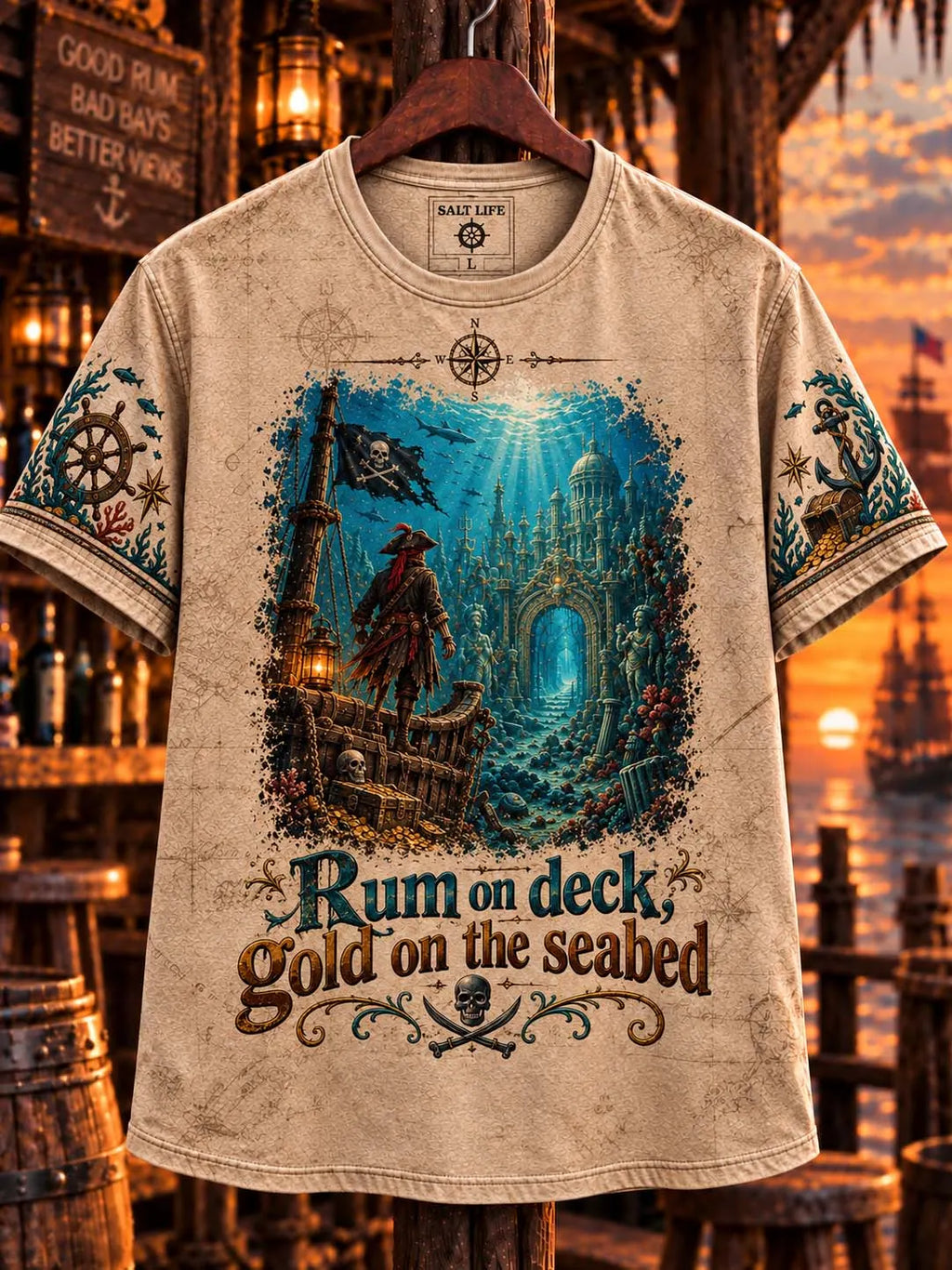 ⚓ Rum On Deck Gold On The Seabed 🏴‍☠️ Underwater Treasure Shipwreck Vintage T-Shirt