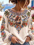 Tropical Pirate Woman Ship Wheel Floral Long Sleeve Top