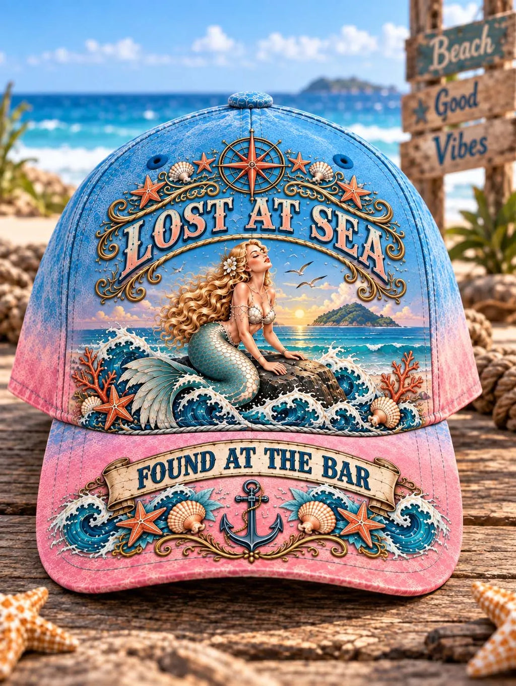 Lost At Sea Found At The Bar Vintage Mermaid Sunset Beach Cap