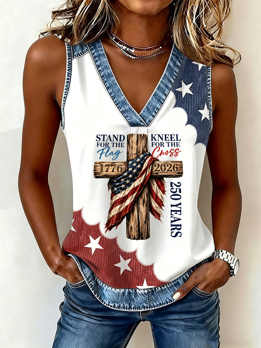 Women's American Flag Printed Casual V-neck Tank Top