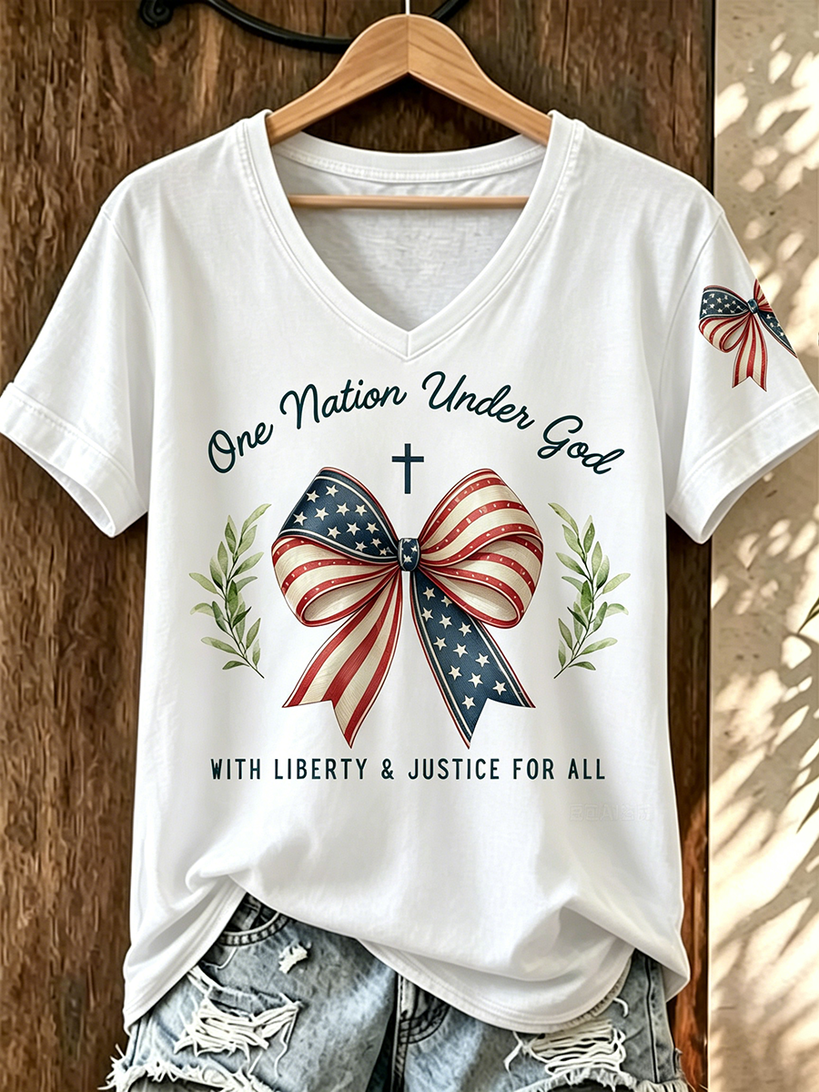 American Flag Faith Cross Commemorative Print V-neck Top