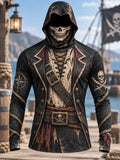 Vintage Pirate Skull Costume Print Hooded Long Sleeve Shirt – Men's Gothic Pirate Style