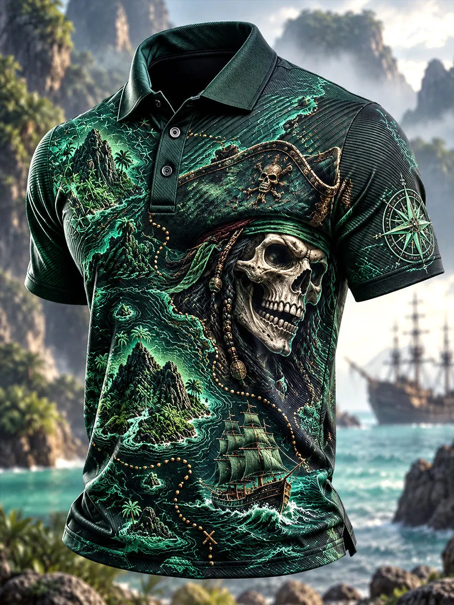 Ghost Green Skull Island Nautical Map Men's Polo Shirt