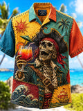 Men's The Skull Pirate Captain Goes On Vacation And Drinks Cocktails Art Print Casual Shirt