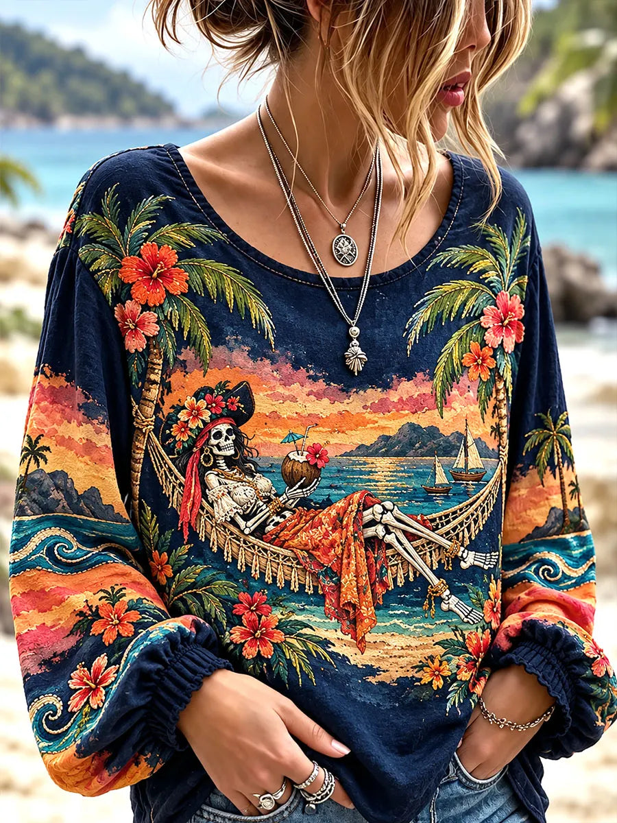 Pirate Skeleton Hammock Island Long Sleeve Top