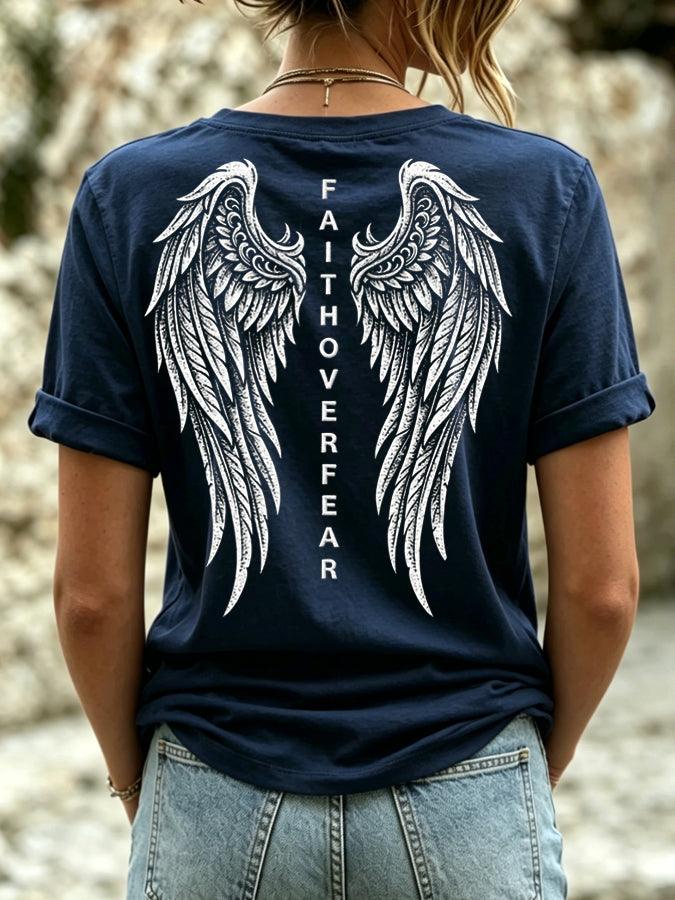 Women's Faith Over Fear Angel Wings Casual T-shirt