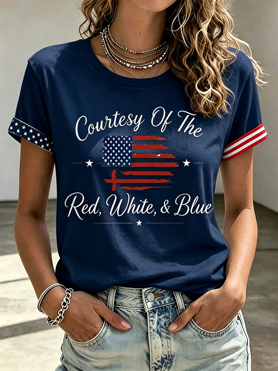 American Flag Faith Cross Commemorative Printed Casual T-Shirt
