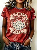 Women's Vintage Texture Religious Belief National Flag and Cross Printed Casual T-shirt