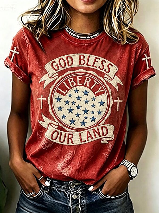 Women's Vintage Texture Religious Belief National Flag and Cross Printed Casual T-shirt