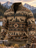 Men's Retro Hunting Culture Print Casual Zip-Up Sweatshirt