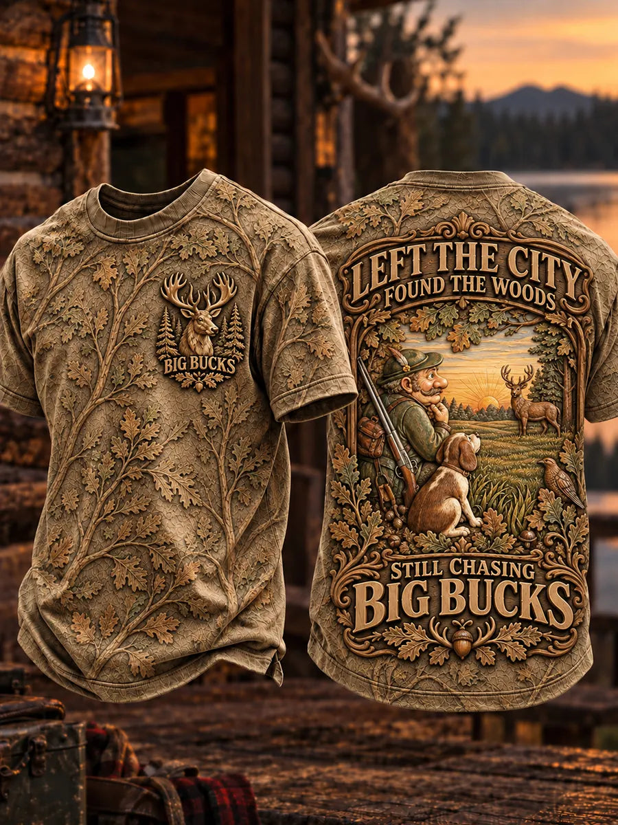 Men’s Retro “LOST IN THE WOODS · FOUND MY RIFLE · STILL CHASING BIG BUCKS” Hunting Season Printed T-Shirt