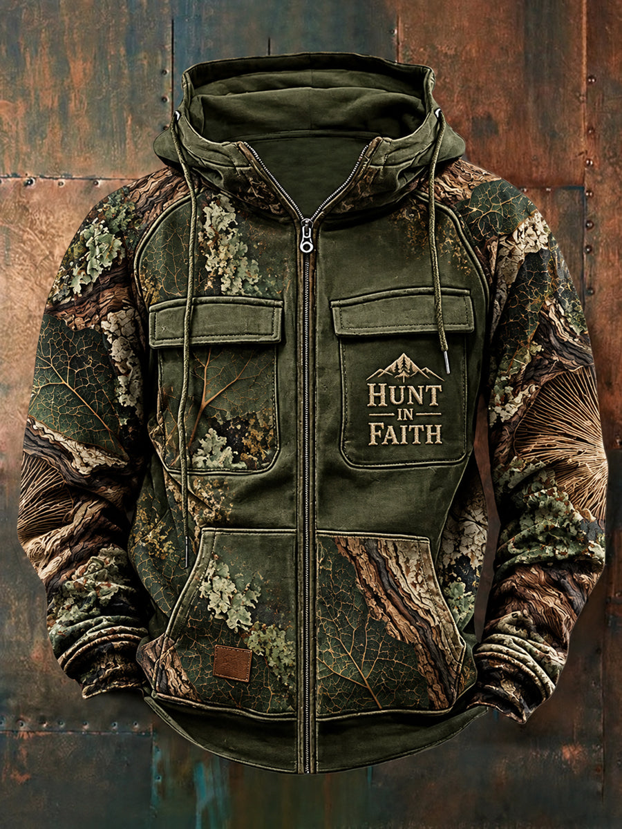 Men's Retro Hunting Culture Print Casual Zip Hoodie