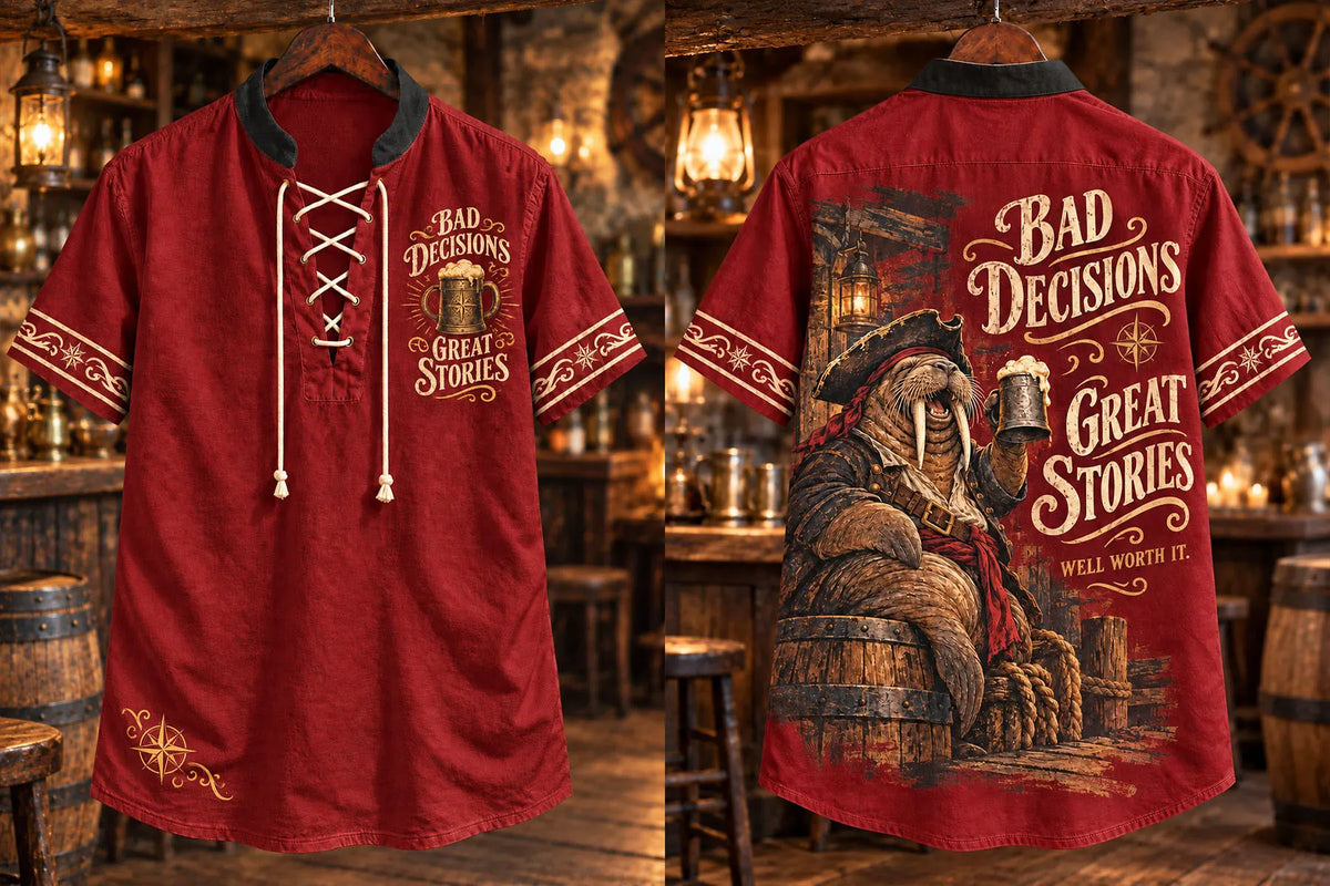 Bad Decisions, Great Stories Pirate Walrus Men’s Lace-Up Shirt