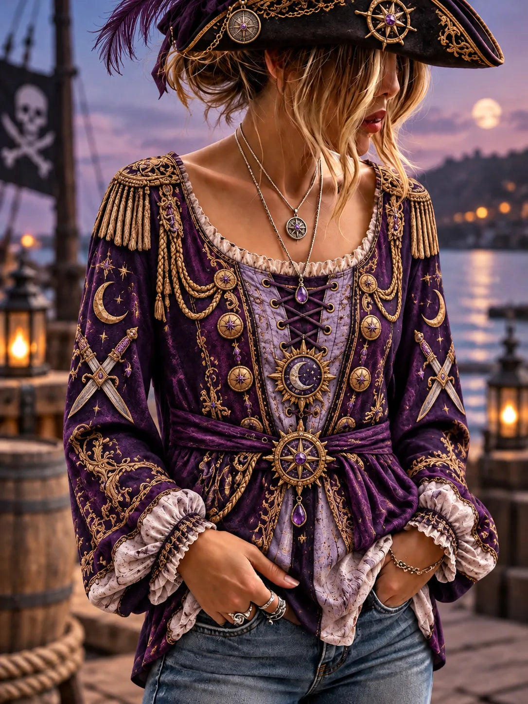 Women's Vintage-Style Pirate Art Print Casual Top