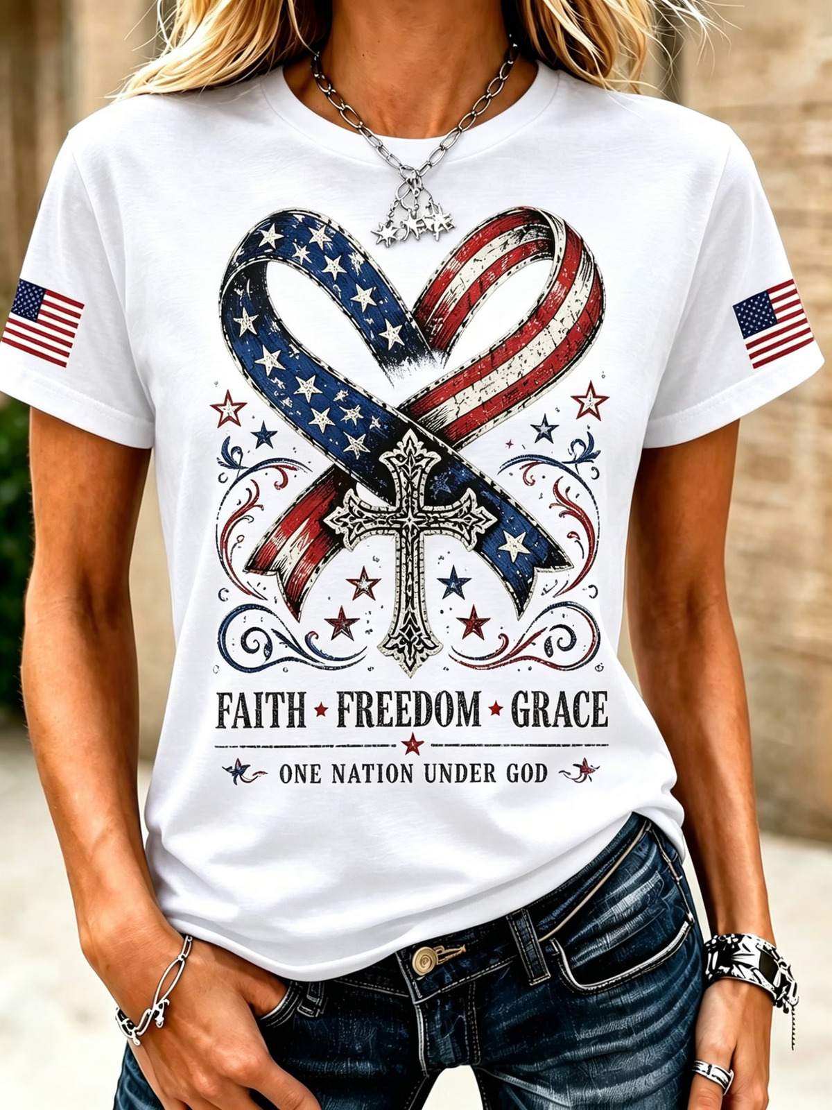 American Flag Faith Cross Commemorative Print Round Neck T-Shirt