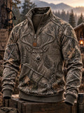 Men's Retro Deer Hunting Print Casual Zip-Up Sweatshirt