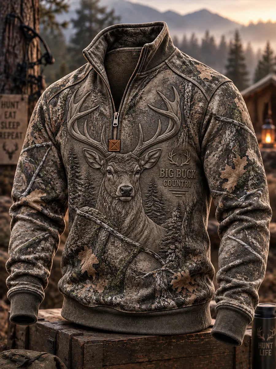 Men's Retro Deer Hunting Print Casual Zip-Up Sweatshirt