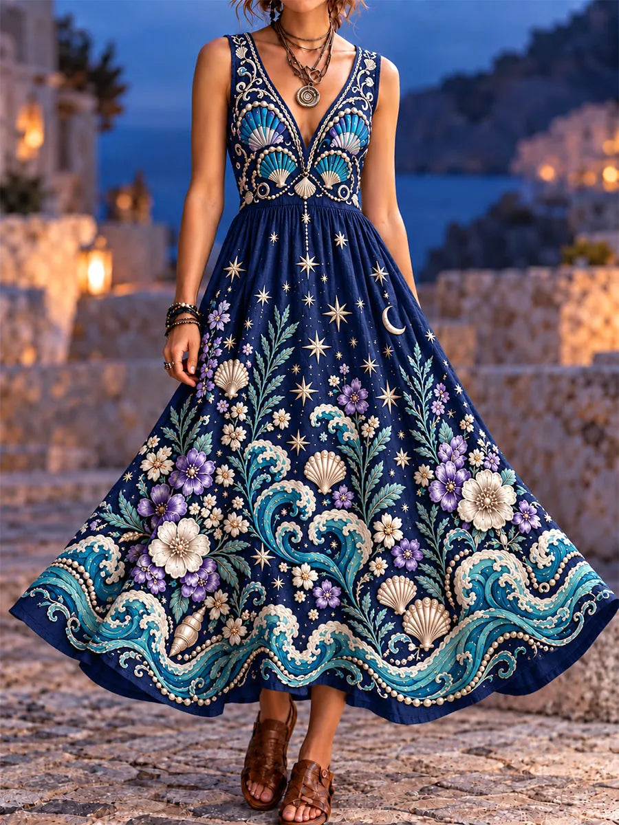 Celestial Wave Seashell Floral V-Neck Dress