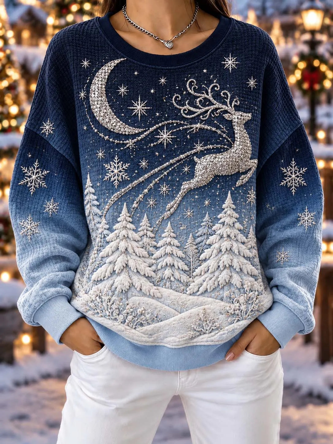🦌 Sparkling Reindeer & Crescent Moon Blue Ombre Winter Sweatshirt