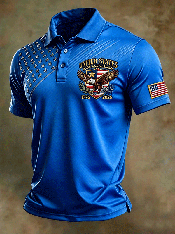 Men's United States 250th Anniversary Eagle Embroidered American Flag Sleeve Short Sleeve Polo Shirt