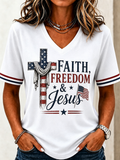 Women'S Faith Freedom Jesus American Flag Cross Striped Cuff T-Shirt