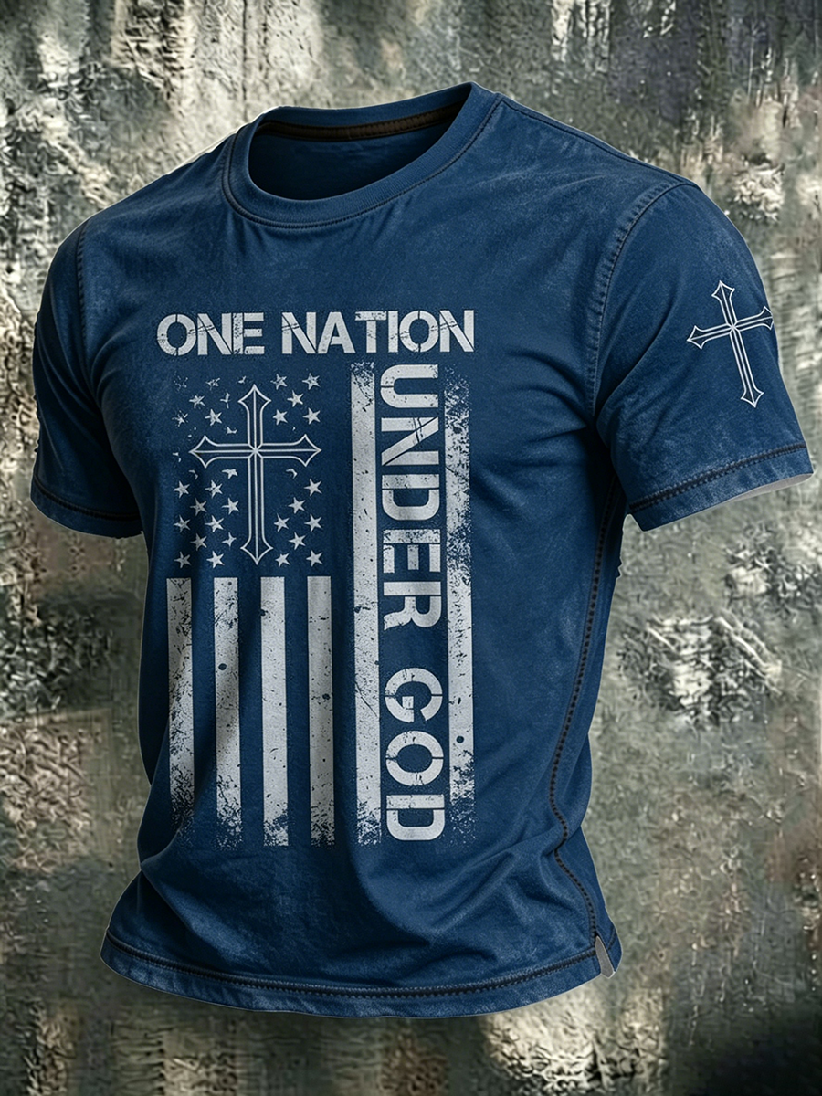 American Faith Cross Slogan Commemorative Print Round Neck T-Shirt