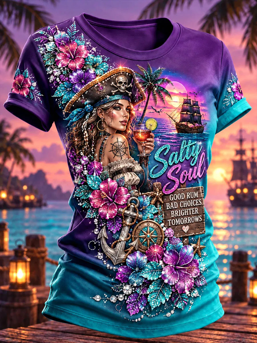 Tropical Floral Pirate Woman Graphic T-Shirt