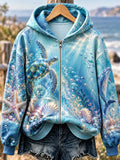 Women’s Sea Turtle & Dolphin Ocean Graphic Zip-Up Hoodie